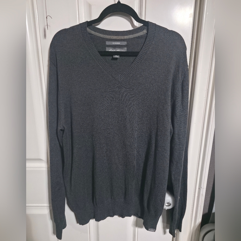 Eddie Bauer Men's L Tight-Knit Cotton Merino Wool Pullover Sweater V-Neck Gray